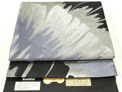 平和屋着物●西陣 桜井謹製 六通柄袋帯 大輪牡丹 黒地 金銀糸 引箔 上代27万 証紙・反端付き 正絹 逸品 DAAV9212ob