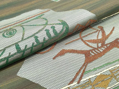 平和屋着物●本場筑前博多織 八寸名古屋帯 切嵌帆船狩猟文 正絹 逸品 未使用 DAAV9217ob