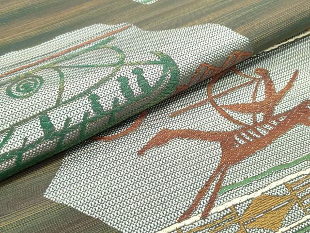 平和屋着物●本場筑前博多織 八寸名古屋帯 切嵌帆船狩猟文 正絹 逸品 未使用 DAAV9217ob