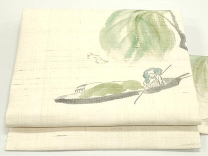 平和屋着物●九寸名古屋帯　手描き　生紬　風景人物文　肌色　正絹　逸品　DAAV9247ob