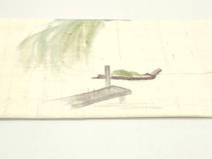 平和屋着物●九寸名古屋帯　手描き　生紬　風景人物文　肌色　正絹　逸品　DAAV9247ob