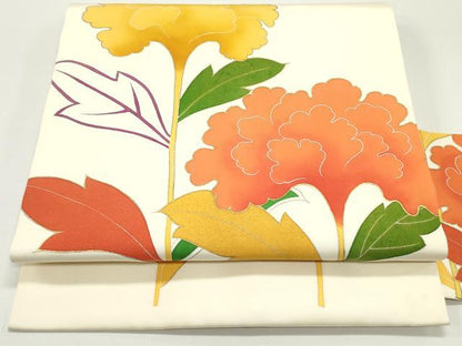 平和屋着物●塩瀬　九寸名古屋帯　型染め　草花文　生成り色　金彩　正絹　逸品　DAAV9267ob