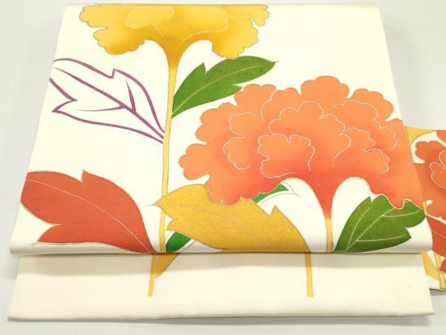 平和屋着物●塩瀬　九寸名古屋帯　型染め　草花文　生成り色　金彩　正絹　逸品　DAAV9267ob