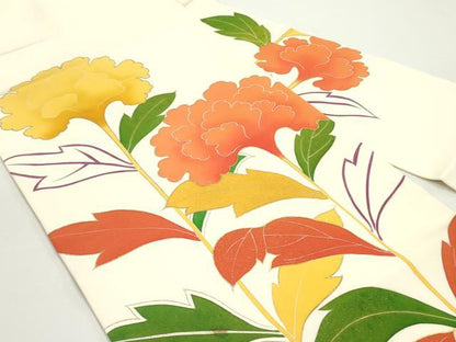 平和屋着物●塩瀬　九寸名古屋帯　型染め　草花文　生成り色　金彩　正絹　逸品　DAAV9267ob