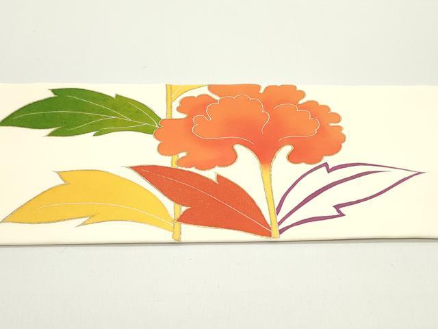 平和屋着物●塩瀬　九寸名古屋帯　型染め　草花文　生成り色　金彩　正絹　逸品　DAAV9267ob