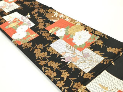 平和屋着物●六通柄袋帯　唐織　短冊草花文　黒地　金糸　正絹　逸品　DAAV9271ob