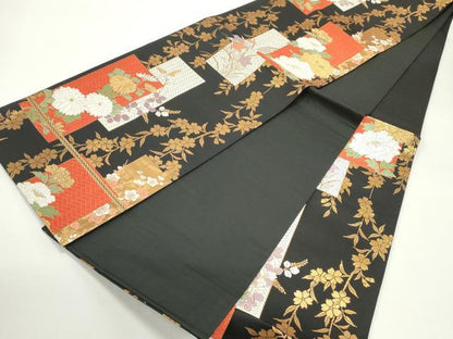 平和屋着物●六通柄袋帯　唐織　短冊草花文　黒地　金糸　正絹　逸品　DAAV9271ob