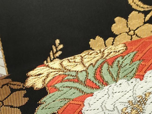 平和屋着物●六通柄袋帯　唐織　短冊草花文　黒地　金糸　正絹　逸品　DAAV9271ob