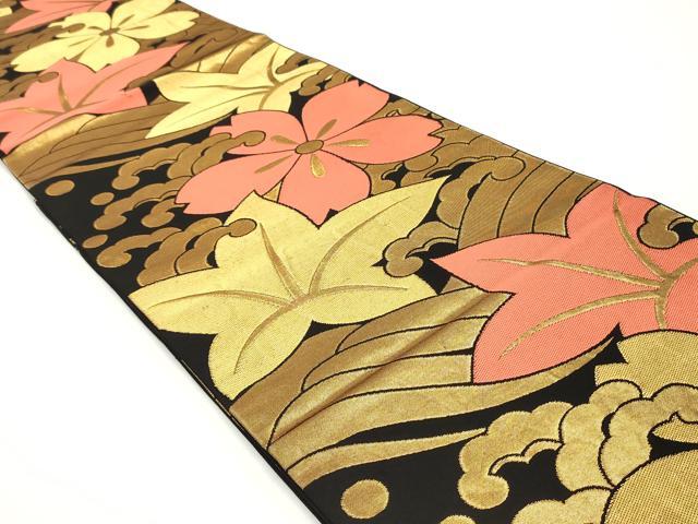 平和屋着物●織物一筋名門　織悦　全通柄　本袋帯　立波花文　黒地　金糸　正絹　逸品　DAAV9296ob