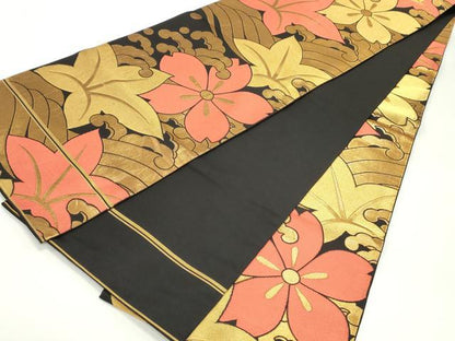 平和屋着物●織物一筋名門　織悦　全通柄　本袋帯　立波花文　黒地　金糸　正絹　逸品　DAAV9296ob