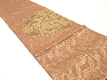 平和屋着物●六通柄袋帯 紬地 狩猟更紗花文 金糸 正絹 逸品 未使用 DAAV9298ob