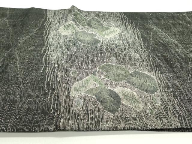 平和屋着物▽太鼓柄袋帯　スリーシーズン　春夏秋　紬地　櫛織　流水鴛鴦葉文　黒地　銀糸　正絹　逸品　DAAV9299ob