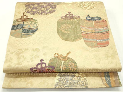 平和屋着物●六通柄袋帯 祥山 檜垣仕覆花文 金糸 本金箔 正絹 逸品 DAAV9302ob