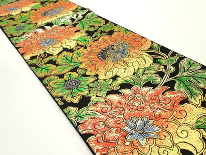 平和屋着物●六通柄　本袋帯　卵金大牡丹　黒地　金糸　正絹　逸品　DAAV9311ob