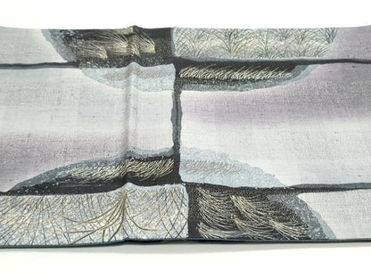 平和屋着物●太鼓柄袋帯 作家物 紬地 切嵌芝文 銀通し地 正絹 逸品 未使用 DAAV9331ob