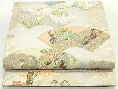 平和屋着物●六通柄袋帯 唐織 流水地紙重ね草花文 金糸 正絹 逸品 DAAV9334ob