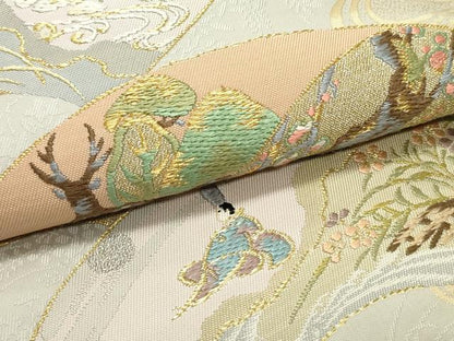 平和屋着物●六通柄袋帯 唐織 流水地紙重ね草花文 金糸 正絹 逸品 DAAV9334ob