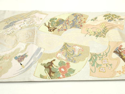 平和屋着物●六通柄袋帯 唐織 流水地紙重ね草花文 金糸 正絹 逸品 DAAV9334ob