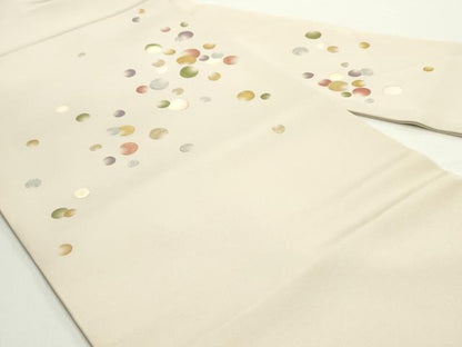 平和屋着物●塩瀬　九寸名古屋帯　刺繍　丸文　薄卵色　金銀彩　正絹　逸品　DAAV9337ob