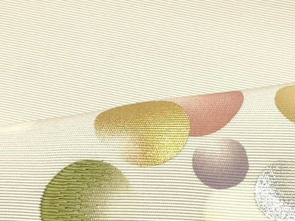 平和屋着物●塩瀬　九寸名古屋帯　刺繍　丸文　薄卵色　金銀彩　正絹　逸品　DAAV9337ob
