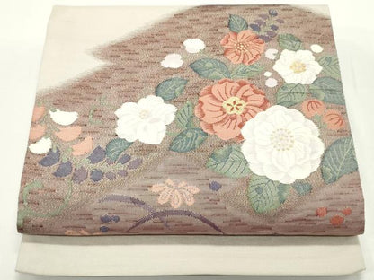 平和屋着物●太鼓柄袋帯　すくい織　松皮菱草花文　金糸　正絹　逸品　DAAV9365ob