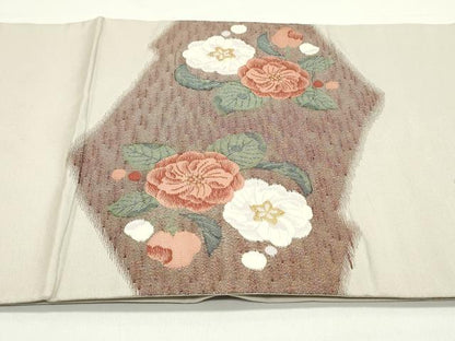 平和屋着物●太鼓柄袋帯　すくい織　松皮菱草花文　金糸　正絹　逸品　DAAV9365ob