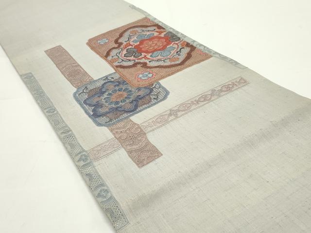 平和屋着物●中国三大刺繍 スワトウ刺繍 汕頭刺繍 相良刺繍 総刺繍 太鼓柄袋帯 紬地 色紙重ね花唐草菱文 反端付き 正絹 逸品 DAAV9372ob