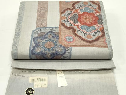 平和屋着物●中国三大刺繍 スワトウ刺繍 汕頭刺繍 相良刺繍 総刺繍 太鼓柄袋帯 紬地 色紙重ね花唐草菱文 反端付き 正絹 逸品 DAAV9372ob
