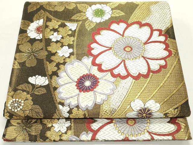平和屋着物●六通柄袋帯 唐織 扇面舞桜文 金糸 正絹 逸品 DAAV9377ob