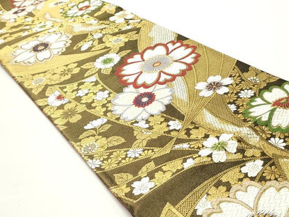 平和屋着物●六通柄袋帯 唐織 扇面舞桜文 金糸 正絹 逸品 DAAV9377ob