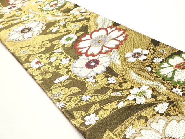 平和屋着物●六通柄袋帯 唐織 扇面舞桜文 金糸 正絹 逸品 DAAV9377ob