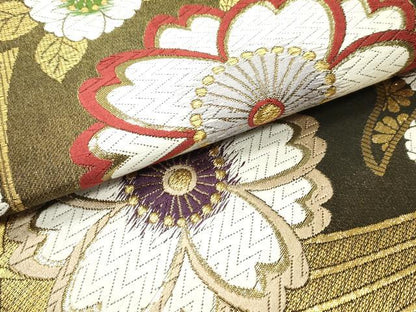 平和屋着物●六通柄袋帯 唐織 扇面舞桜文 金糸 正絹 逸品 DAAV9377ob