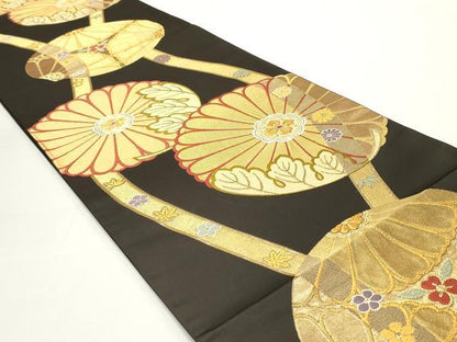平和屋着物●六通柄袋帯　唐織　立涌菊華文　黒地　金糸　正絹　逸品　未使用　DAAV9417ob