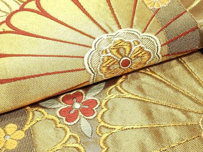平和屋着物●六通柄袋帯　唐織　立涌菊華文　黒地　金糸　正絹　逸品　未使用　DAAV9417ob