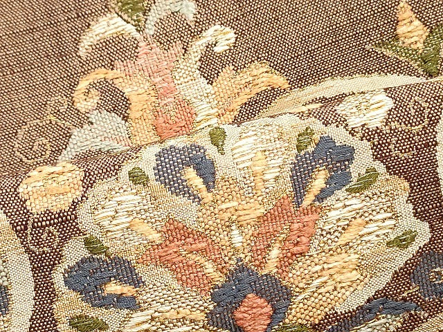 平和屋着物●八寸名古屋帯 紬地 総刺繍 更紗花唐草文 金糸 正絹 逸品 未使用 DAAV9447ob