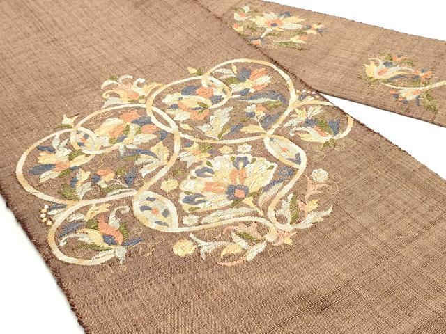 平和屋着物●八寸名古屋帯 紬地 総刺繍 更紗花唐草文 金糸 正絹 逸品 未使用 DAAV9447ob