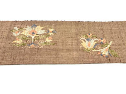 平和屋着物●八寸名古屋帯 紬地 総刺繍 更紗花唐草文 金糸 正絹 逸品 未使用 DAAV9447ob