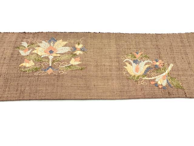 平和屋着物●八寸名古屋帯 紬地 総刺繍 更紗花唐草文 金糸 正絹 逸品 未使用 DAAV9447ob