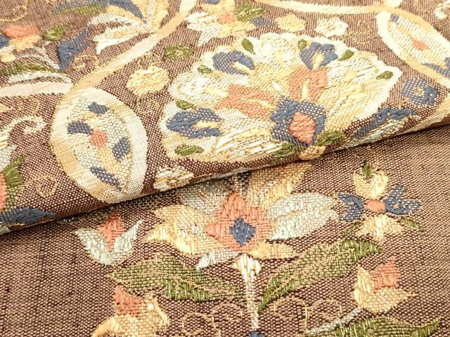 平和屋着物●八寸名古屋帯 紬地 総刺繍 更紗花唐草文 金糸 正絹 逸品 未使用 DAAV9447ob