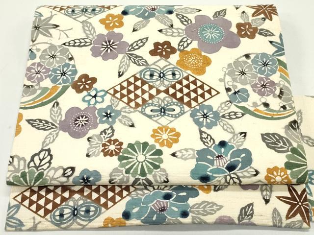 平和屋着物●九寸名古屋帯　紬地　型染め　花蝶菱文　正絹　逸品　DAAV9501ob