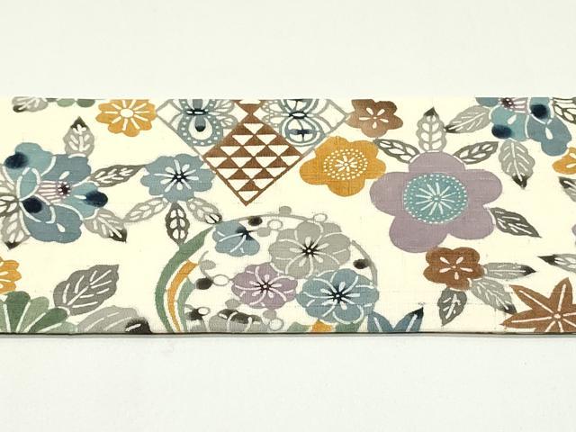 平和屋着物●九寸名古屋帯　紬地　型染め　花蝶菱文　正絹　逸品　DAAV9501ob