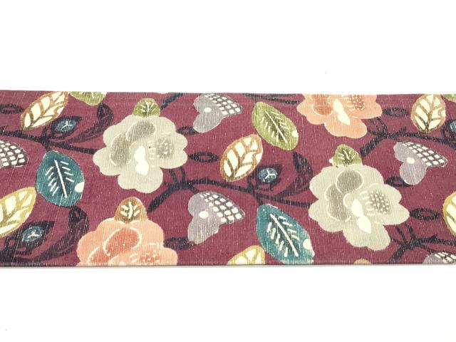 平和屋着物●九寸名古屋帯　紬地　型染め　草花文　正絹　逸品　DAAV9503ob