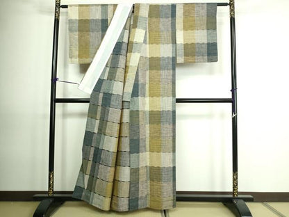 平和屋着物▽上質な紬 単衣 格子 正絹 逸品 DAAV9523sf