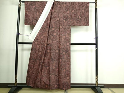 平和屋着物▽上質な紬　単衣　草花文　正絹　逸品　DAAV9532sf