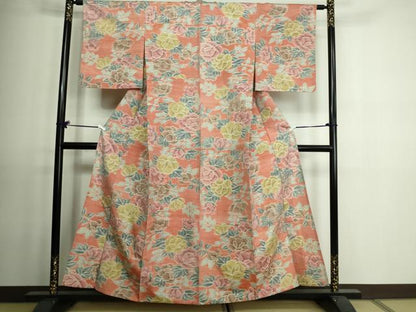 平和屋着物▽上質な紬 単衣 薔薇 正絹 逸品 DAAV9533sf