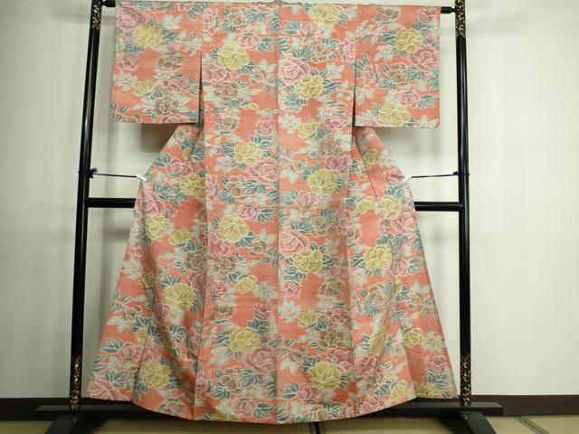 平和屋着物▽上質な紬 単衣 薔薇 正絹 逸品 DAAV9533sf