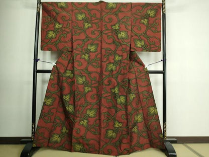 平和屋着物▽上質な紬　単衣　蔦の葉文　正絹　逸品　DAAV9535sf