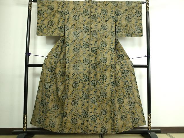 平和屋着物▽上質な紬　単衣　草花文　正絹　逸品　DAAV9536sf