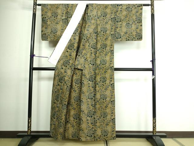 平和屋着物▽上質な紬　単衣　草花文　正絹　逸品　DAAV9536sf