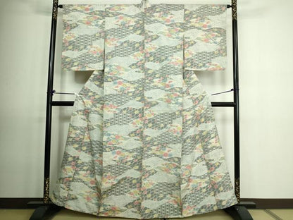 平和屋着物▽上質な紬 単衣 草花文 正絹 逸品 DAAV9539sf